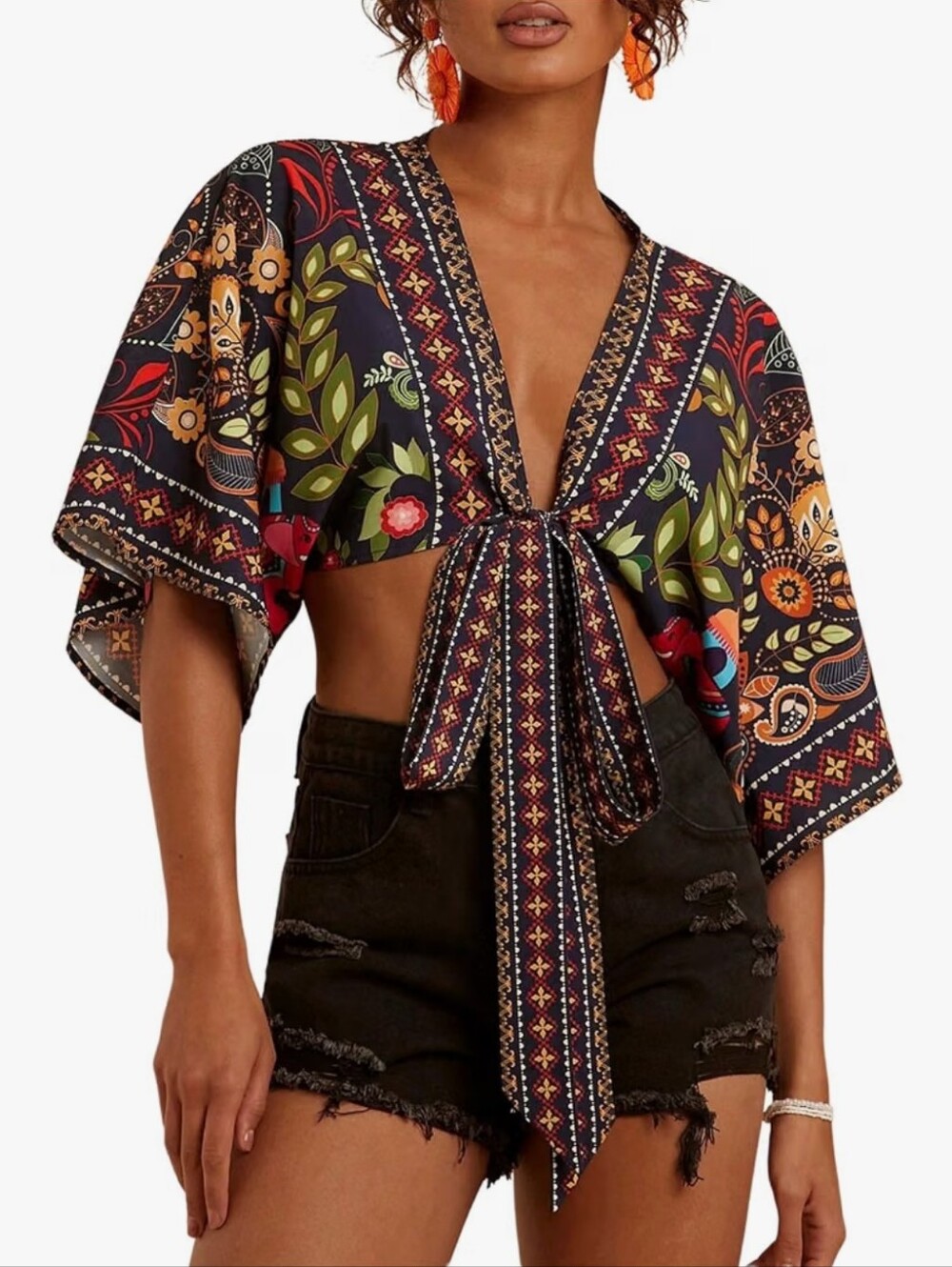 Boho Floral Crop Tops Bow Tie Knot Deep V Neck Half Sleeve Blouses